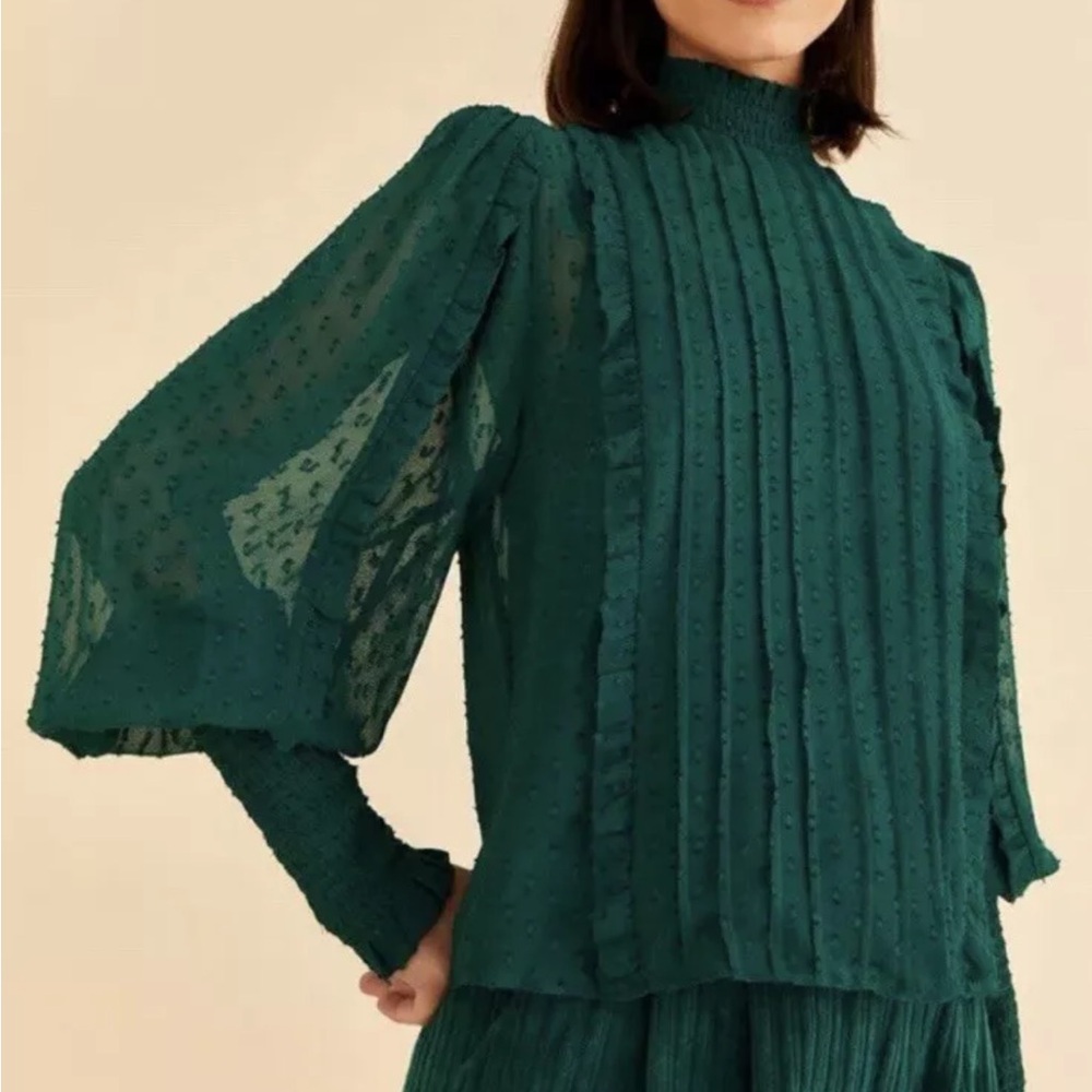 Farm Rio Emerald Ruffle Long Sleeve Blouse Size XL